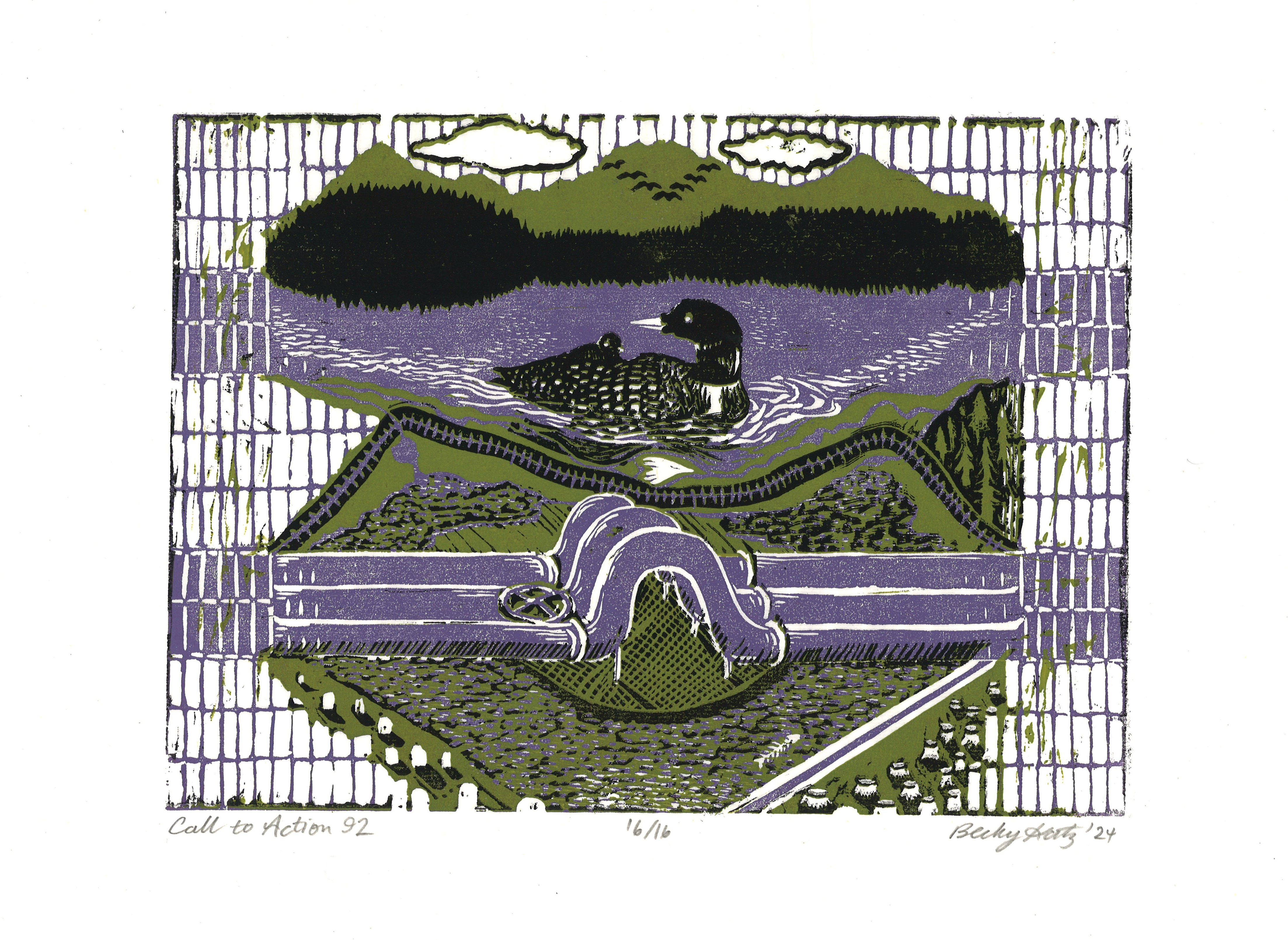 print depicting two row wampum with a natural scene including a loon representing the first row and pipeline and decaying landscape on the second line