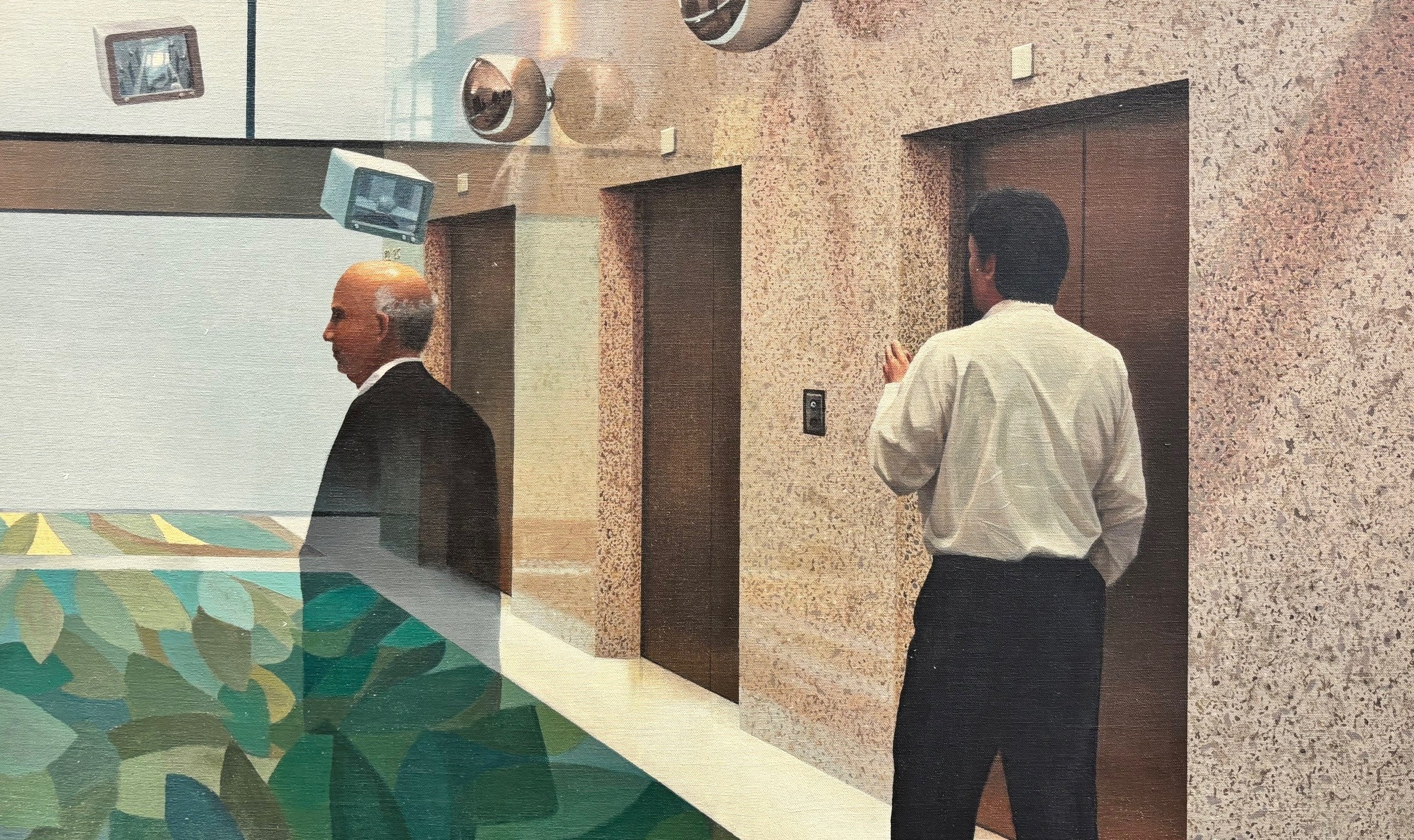 An acrylic painting that depicts two men in front of an elevator, one is fading into the background.