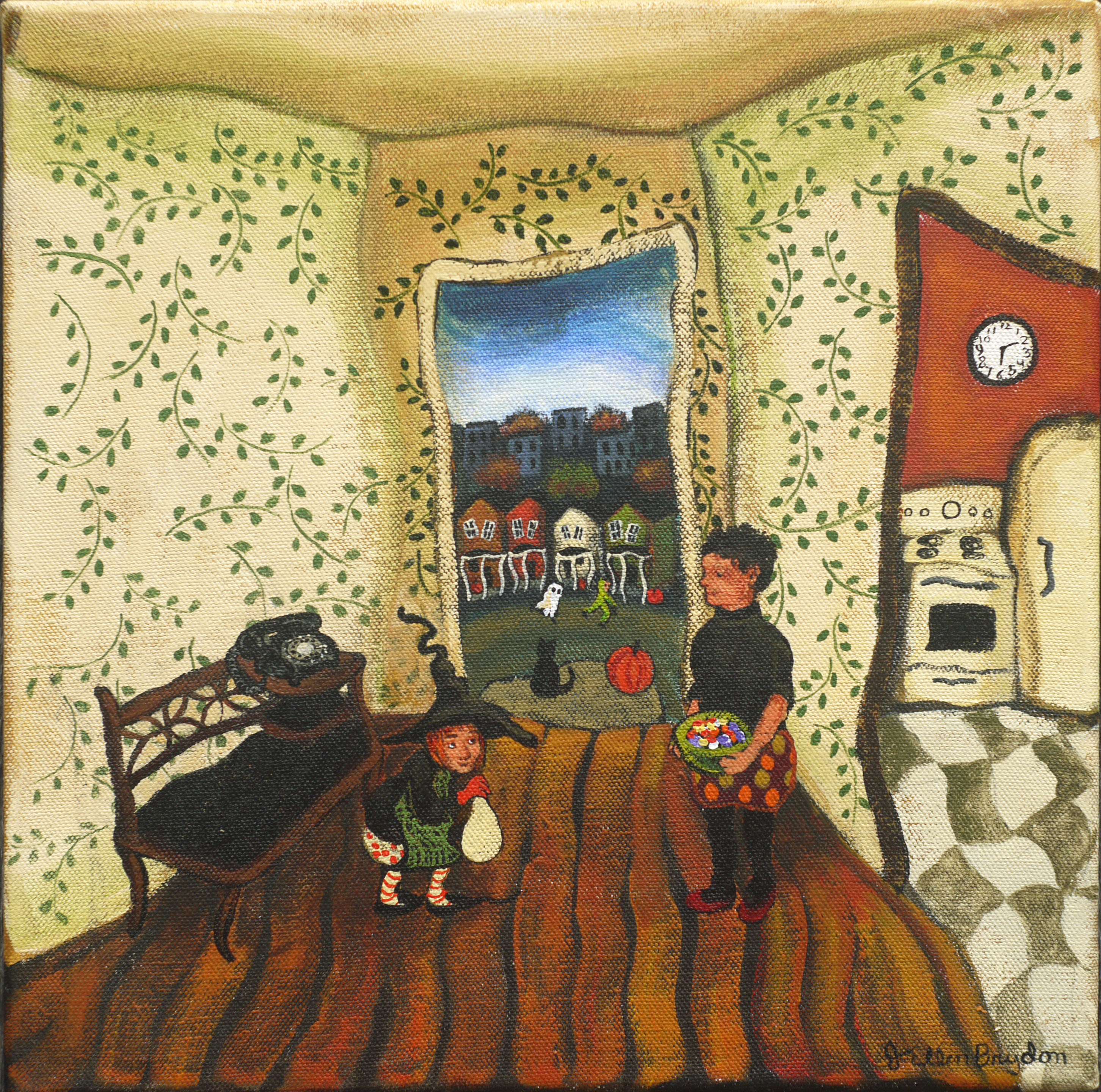 A folk art style painting of a woman holding a candy bowl with a child dressed in a witch costume holding a bag for candy. They are standing inside the entrance of a home, the door open behind them with a view of the neighbourhood outside, a black cat and a pumpkin on the stoop