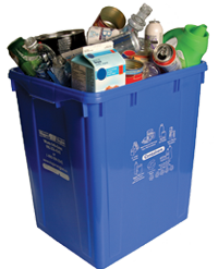 recyclable materials in blue recycling box 
