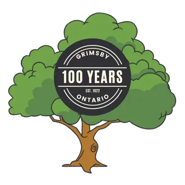 Grimsby 100 logo in front of hand drawn trees