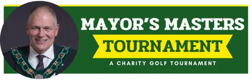 A picture of Mayor Jeff Jordan, alongside the words "Mayor's Masters Tournament". This image is promoting the Mayor's charity golf tournament.